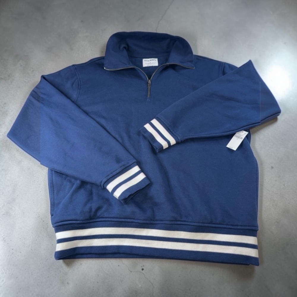 Old Navy Mens Blue Quarter Zip Sweatshirt Striped Cuffs Hem Fleece Pullover M